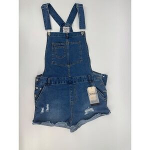 Love Tree Denim Womens Distressed Shortalls Medium Wash Blue Overalls Large NWT